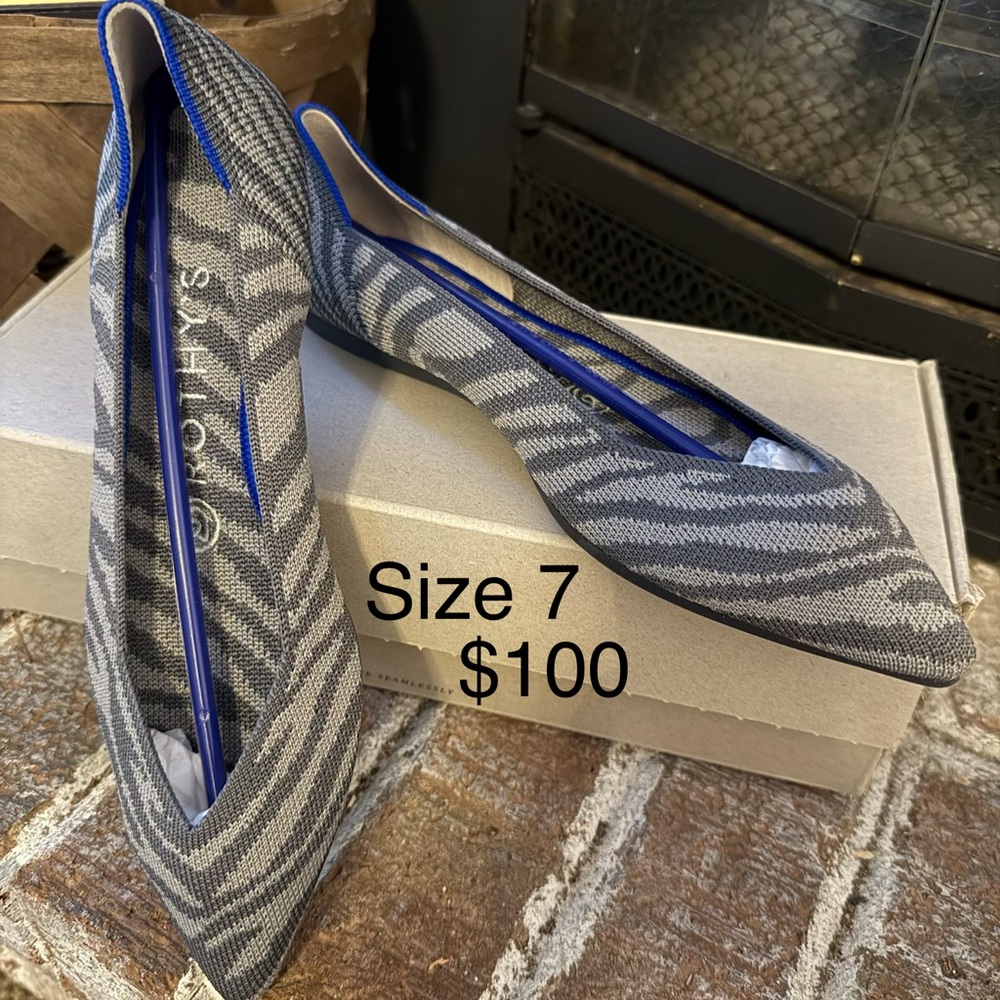 Rothy's Gray Zebra Knit Pointed Flats with Blue Trim